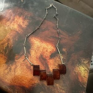 Genuine Amber and Vintage Sterling Geometric Necklace